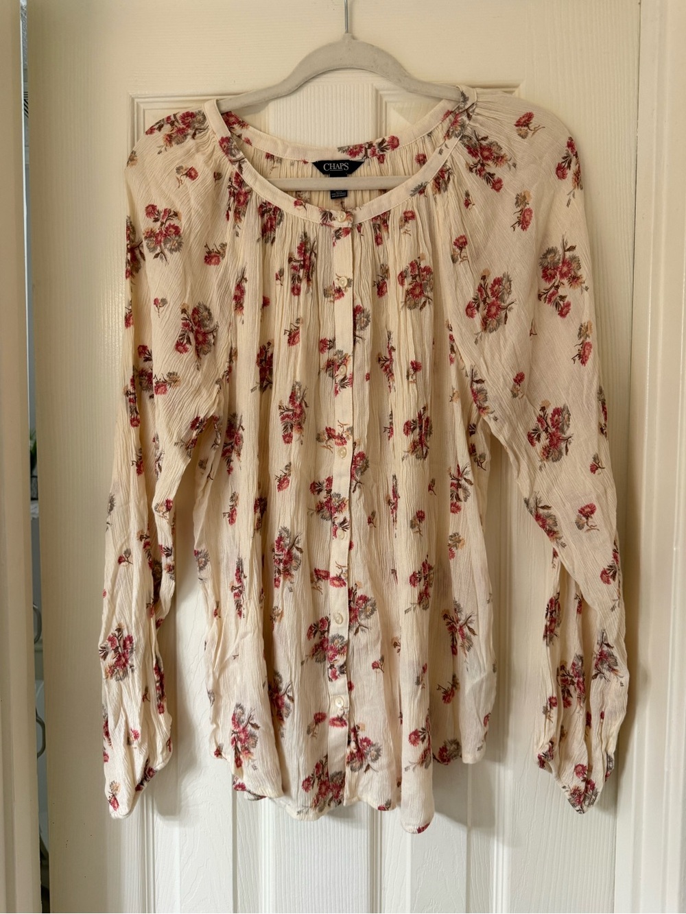 Chaps Cream Button-Down Blouse with Red Floral Print